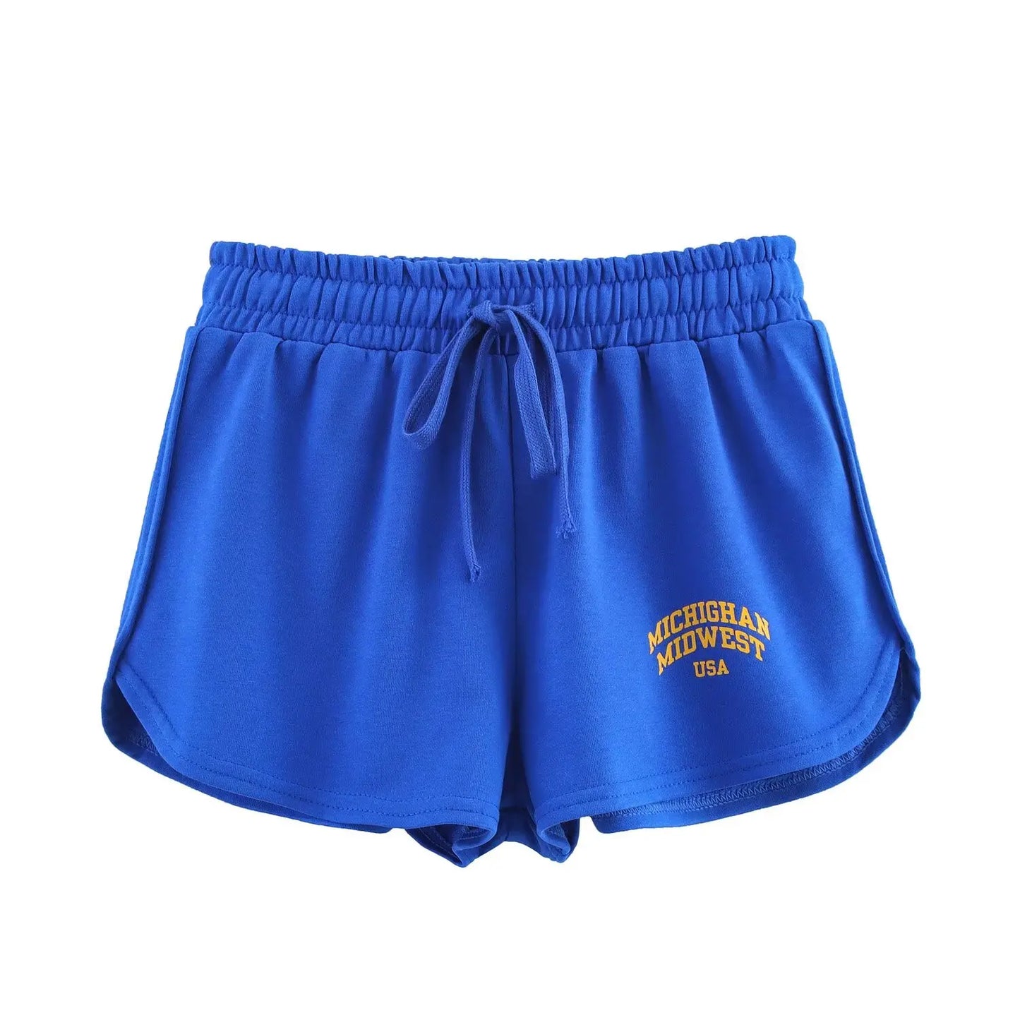 Preppy Style 2 Piece Blue Short Set for Women Washed Effect Text Cotton Short Sleeves Sweatshirt and Drawstring Waistband Shorts