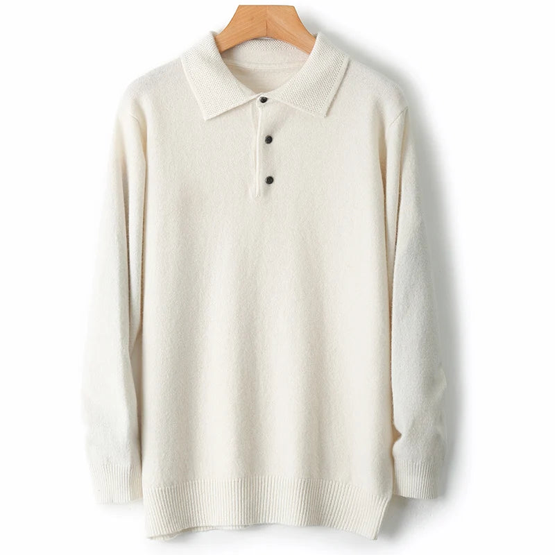 Autumn And Winter 100% Pure Wool Men's Polo Lapel Sweater Loose Large Size Casual Knit Bottoming Shirt
