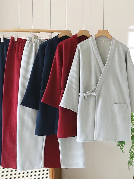 Thickened Cotton Kimono Style Men's Sleepwear Air Layer Home Clothes Autumn Winter Home Stay Air Conditioned Room Unisex