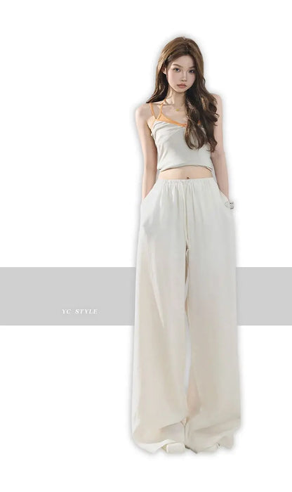 Loose wide-leg pants, classic style, drapey floor-length with drawstring, versatile thin linen straight casual pants for women