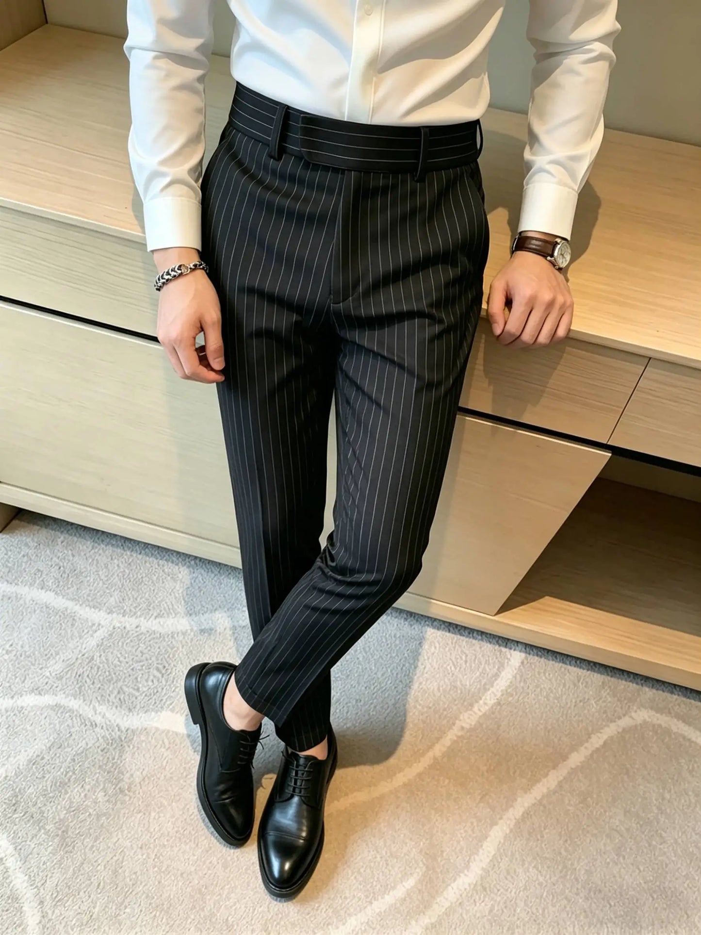 Men's Business Casual Slim Fit Long Pants Stripe Drape-able Iron-Free Elegant Stylish Versatile Dress Trousers