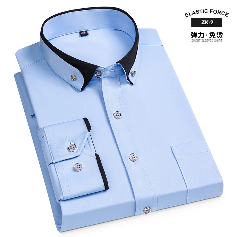Fashion Color Contrast Men's Elastic Non-iron Long-sleeved Business Shirts Diamond Button Single Pocket Comfort Workwear Clothes