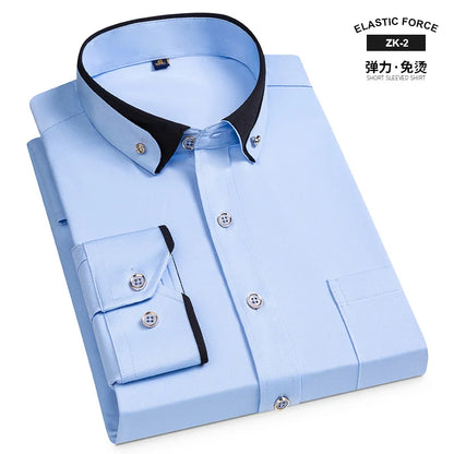 Fashion Color Contrast Men's Elastic Non-iron Long-sleeved Business Shirts Diamond Button Single Pocket Comfort Workwear Clothes