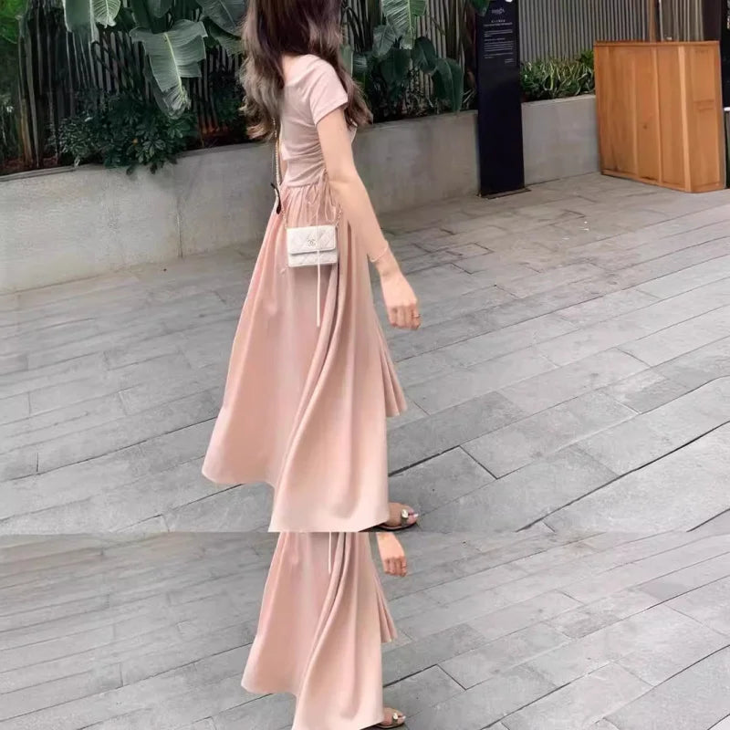 Hepburn-style square-neck dress for women, summer French style, petite, elegant, waist-cinching, fairy-like, first-love long dre