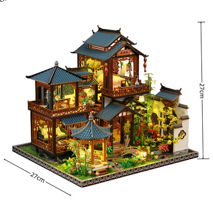 DIY Miniature Dollhouse Traditional Chinese Courtyard,3D Wooden Puzzle DIY Kit with LED Light, Creative Birthday Gift Home Decor