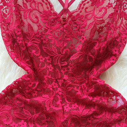Sexy Lace Strap Jumpsuit Slim Fit Transparent Women's Pajamas Halter Playsuit Erotic Lingerie Catsuit Backless Hollowed Bodysuit