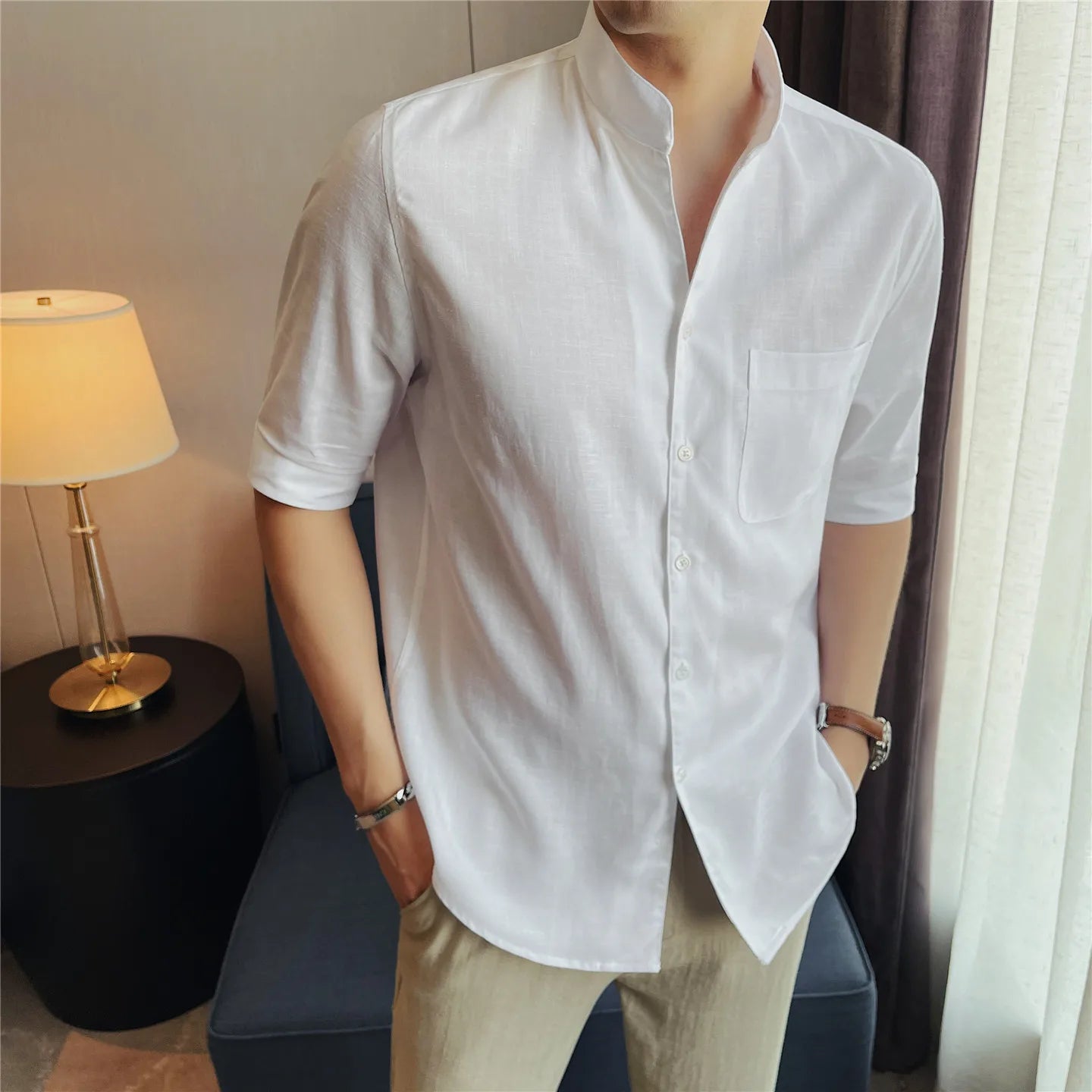 Men's Premium Linen Blend Mandarin Collar Shirt – 7A Antibacterial, Breathable & Cool-Touch Short Sleeve Button-Up