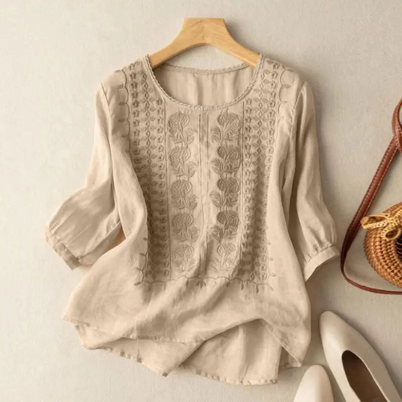 ZANZEA Elegant Women Embroidered Blouses Autumn 2024 3/4 Puff Sleeve Transparent Blusas Mujer Casual Vintage Cotton Shirts Tops