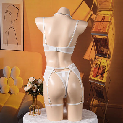 Ellolace Solid Lingeries Sexy Hot Elegant Bra Belt Thong 3PC with Leg Circles Cute Intimate Seductive Lace Tempted Underwear