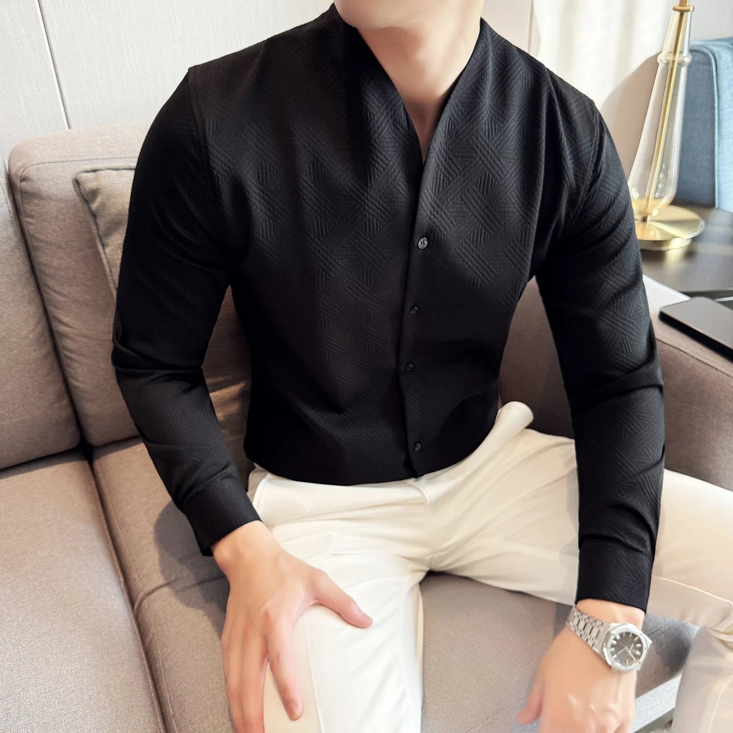New Chinese Style V-neck Shirt Men's Long Sleeved Slim Fit Casual Business Stand-up Shirts High Quality Dress Tops Shirt 4XL-M