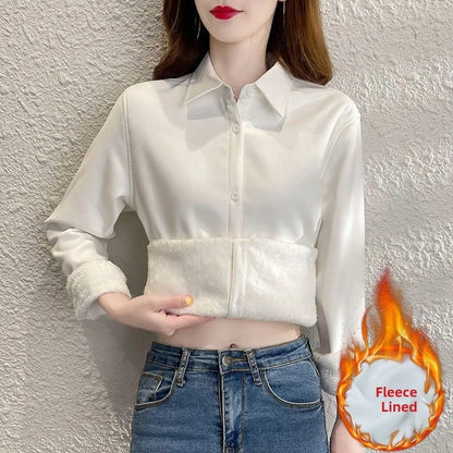 Women's Collared Fleece Lined Thickened Fashionable Shirt Korean Style Commute Wind Loose Fit Long Sleeve Warm Autumn Shirt