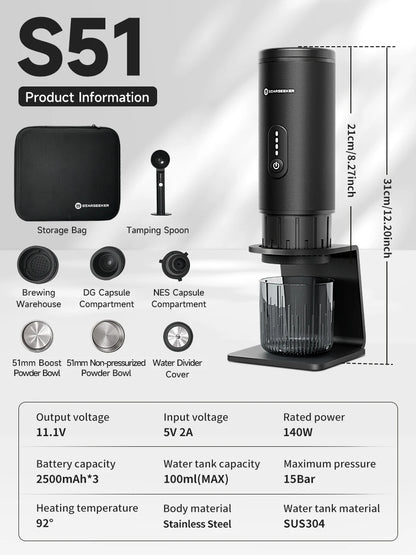STARSEEKER S51 Portable Coffee Maker Travel Electric Capsule Espresso Machine With USB-C Wireless Heating Bottomless Extraction