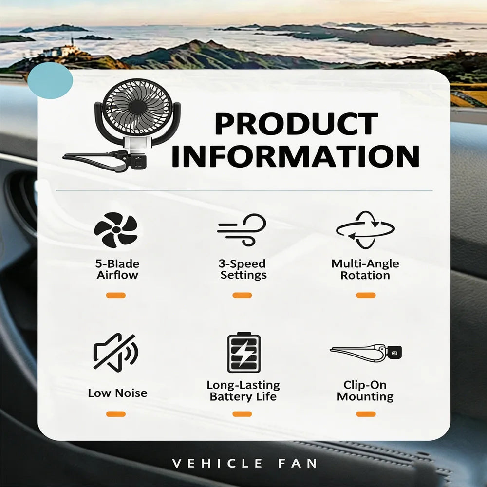 Car Cooling Clamp Fan Brushless Motor USB Rechargeable Fan  3 Speed Wind Rotatable Portable 5 Leaves Fan Car Electronic Tool