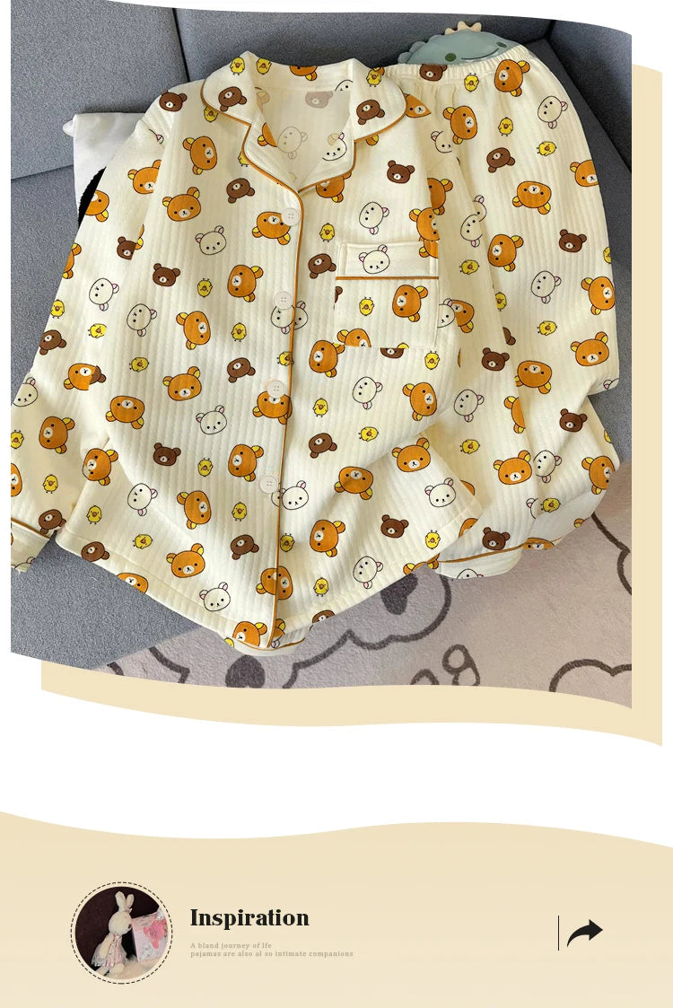 Thickened Air Cotton Sleepwear Set for Women Lazy Bear Cartoon Design Long Sleeve Long Pants Home Clothes Autumn Winter