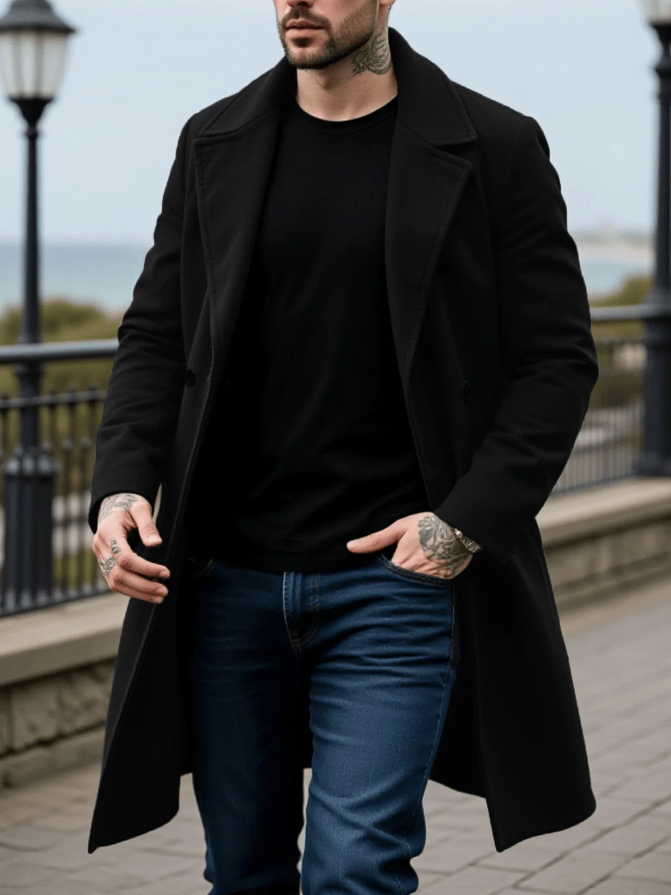 Men's Winter Mid-Length Coat Woolen Warm Coats Lining Double Breasted Lapel Jacket Street Wear Men's Clothing Outerwears