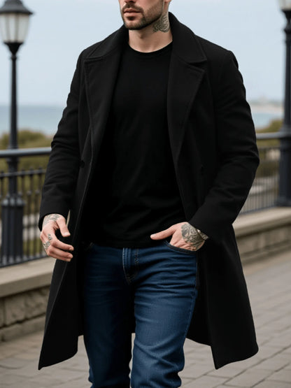 Men's Winter Mid-Length Coat Woolen Warm Coats Lining Double Breasted Lapel Jacket Street Wear Men's Clothing Outerwears