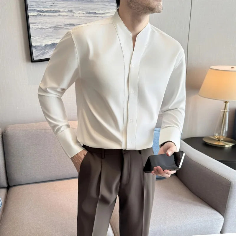 Men V-neck Shirt British Style Anti-wrinkle Soft Solid Casual Elastic Slim Fit Top Long Sleeved Dress Shirt Fashion Men Clothing