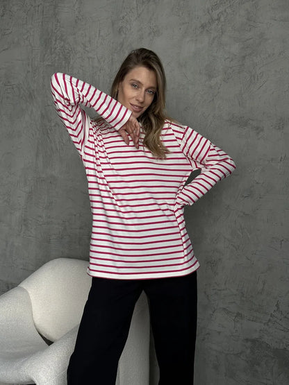 Bornladies 2025 Summer Long Sleeve Striped T-Shirts Women Basic Casual Tops Female Cozy Loose Cotton Tees Harajuku T Shirt New