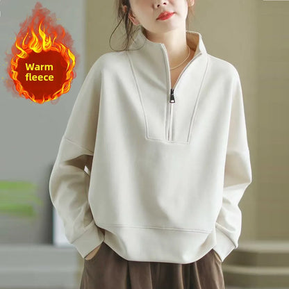 Autumn Winter Hoodie Women Loose Fit Long Sleeve Zipper Stand Collar Casual Slimming Sweatshirt Comfortable Soft Polyester