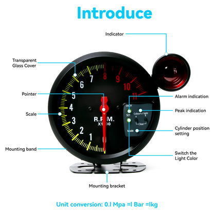 5 Inch RPM Meter Tachometer 11000k With Shift Light Racing Car Gauge 7 Color Backlight 12v For 4 / 6 /8 Cylinder Engine Vehicles