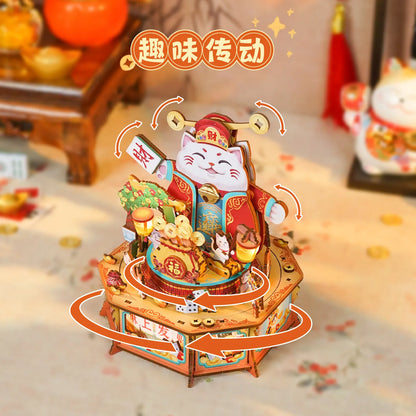 Tonecheer Lucky Mahjong City Music Box Wooden Puzzle Building Blocks Diorama Model Kit 3D Wooden Gift Toy Dollhouse Decoration
