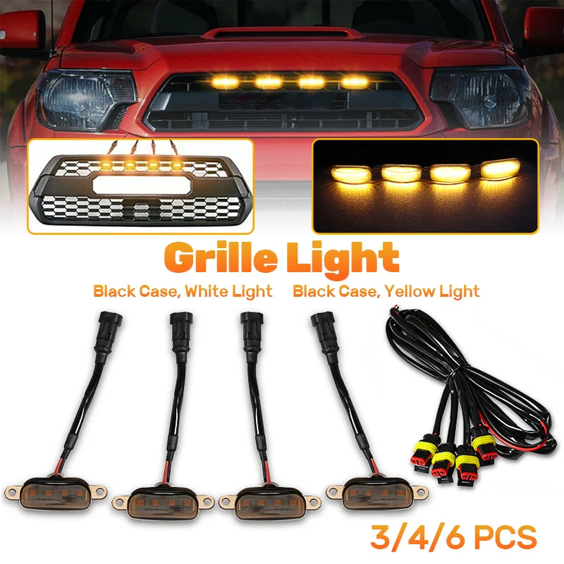 Car grille small yellow lights, eagle eye lights, front LED grille lights with wiring harness, suitable for pickups and SUVs