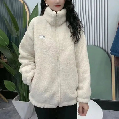 Thickened Fleece Women's Zipper Hoodie Lamb Velvet Jacket Autumn Winter Warm Fashionable Casual Long Sleeve Stand Collar Coat