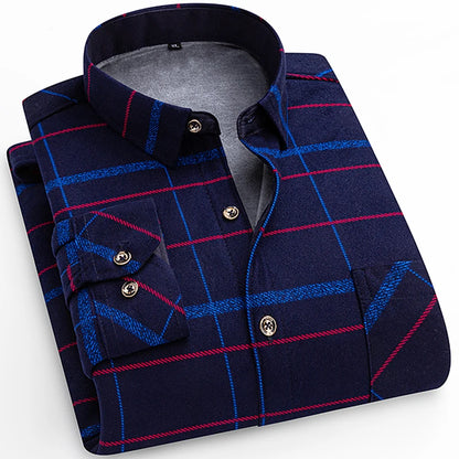 Winter Warm Shirt For Man Thickened Flannel Plaid Casual Menswear Long Sleeve Plus Fleece Big Size Regular Fit Smart Dress Shirt