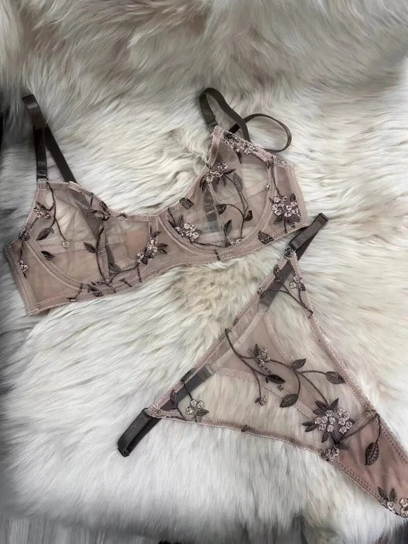 Sexy Soft Mesh Bra Set, Embroidered Ultra Thin T Back,Comfortable Transparent Lingerie for Women, Slimming Breathable Inner Wear