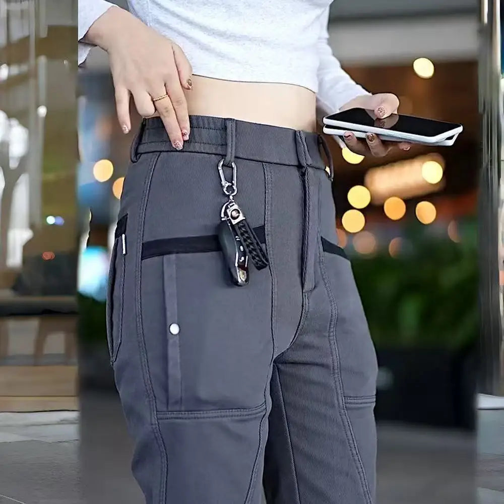 Men's Workwear Pants Elastic Waist Multi-Pocket Straight Leg Autumn Winter Durable Polyester Fiber Casual Trousers
