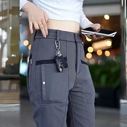 Men's Workwear Pants Elastic Waist Multi-Pocket Straight Leg Autumn Winter Durable Polyester Fiber Casual Trousers
