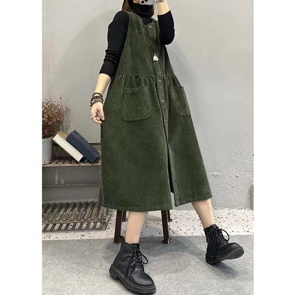 Retro Korean Style Corduroy Dress with Pockets Autumn Winter Loose Slimming Long Dress for Women Casual A-Line Skirt