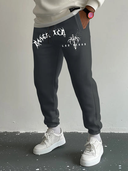 Men's Gothic Jagged Metal Font Wing Cross Las Vegas Print Sweatpants Elastic Waist Soft Dark Punk Street Hip Hop Joggers