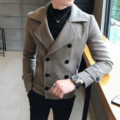 Men's Woolen Coat Short Thickened Winter Fashionable Slim Fit Double Breasted Nylon Jacket Korean Style Windbreaker Outerwear