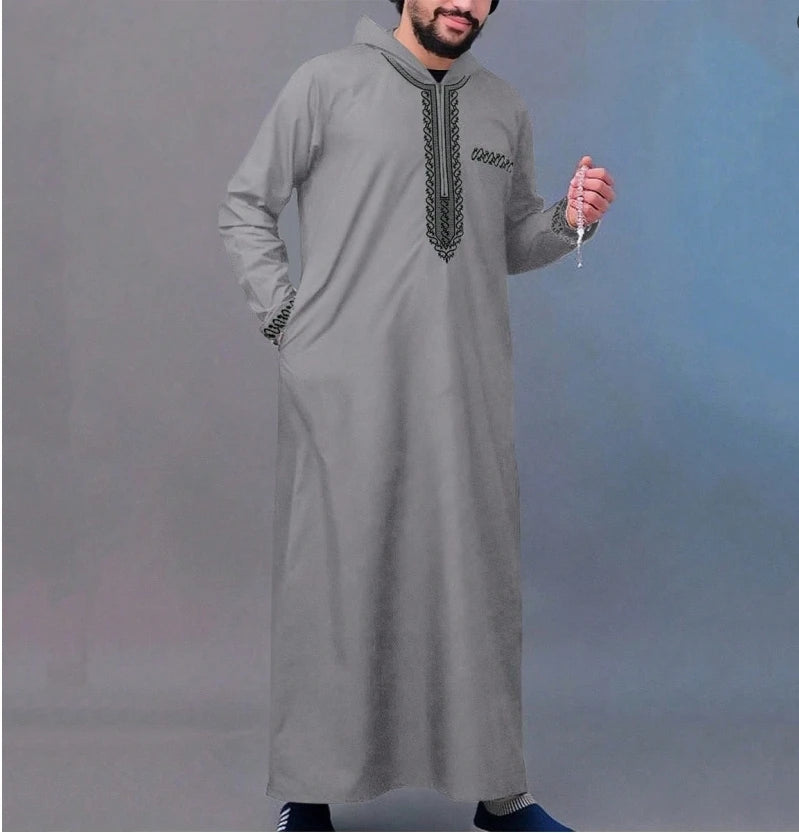 Hooded Moroccan robe Luxury men's embroidered sleeve long pocket Muslim garment Abaya Middle East Juba Thobe robe