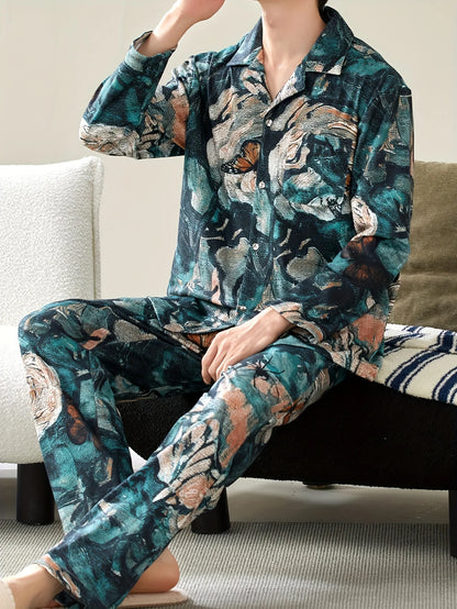 Two piece sets men's pajamas autumn and winter long sleeved pants with lotus leaf pattern sleepwear set