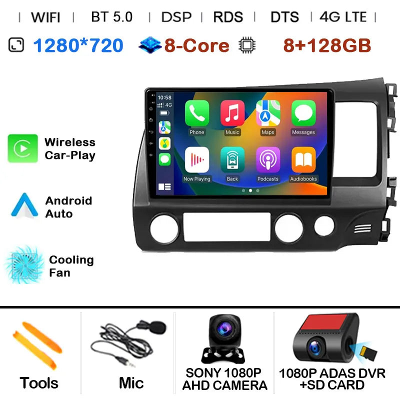 Car Radio Android 15 For Honda Civic 8 FK FN FD 2005 - 2012 RHD Multimedia Player Navigation GPS Carplay Stereo BT Head Unit DSP