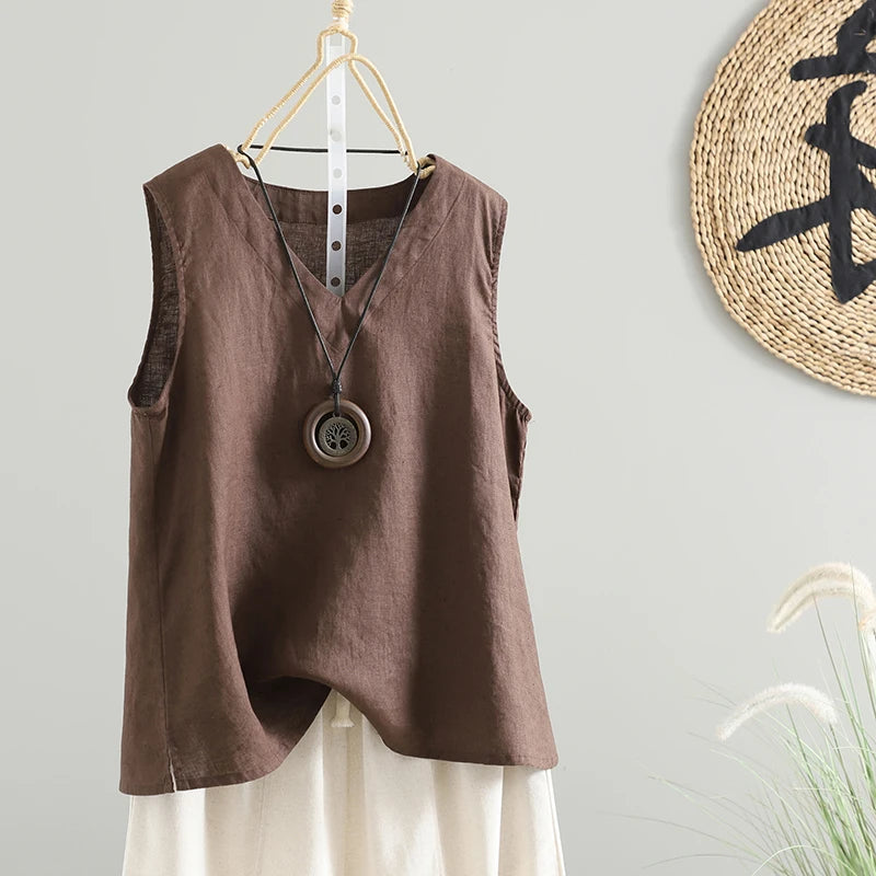 Slimming Pure Color Cotton Linen Lightweight Sleeveless round Neck Inner Wear Large Size Women's Fashionable Versatile Top