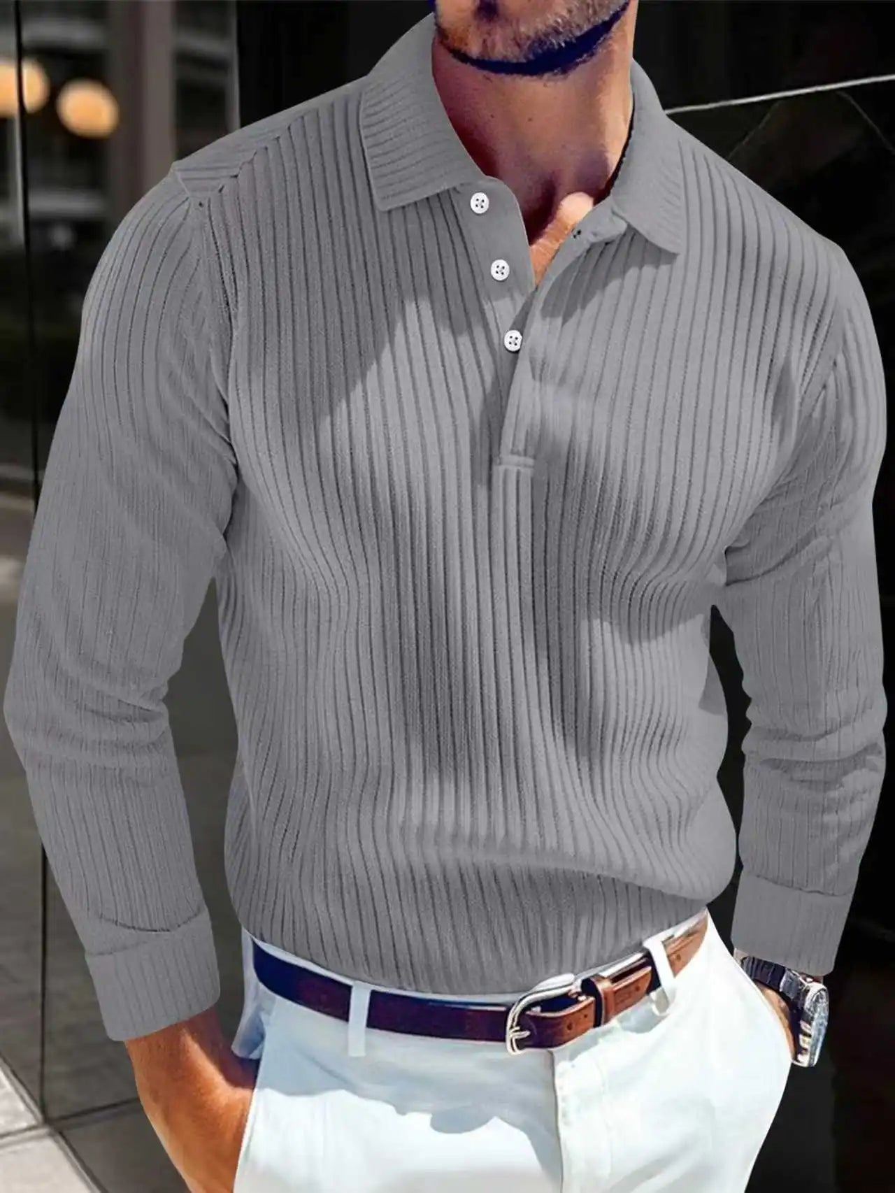 Slim‑Fit Long‑Sleeve Knit Collar Polo Shirt for Men, European & American Style, Business Design with Buttons & Zipper