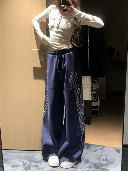 American Style Letter Embroidered Wide Leg Pants Women's Spring Summer Korean Version Trendy Hiphop Jazz Dance Sport Sweatpants