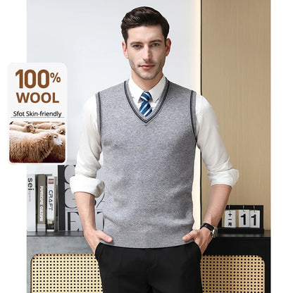 High End 100% Wool New Autum Winter Fashion Brand Knit Pullover Sweater Vest Slim Fit V-neck Sleeveless Casual Mens Clothing