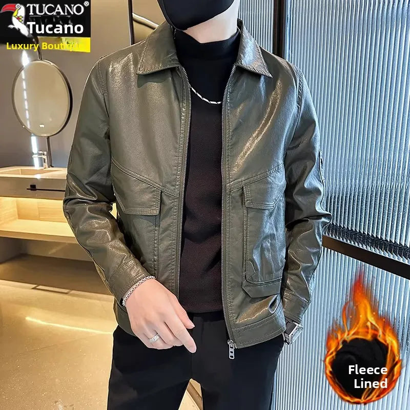 TUCANO Men's Genuine Leather Jacket 2026 Autumn Winter Warm Sheepskin Slim Fit Biker Style Stand Collar Coat Outerwear