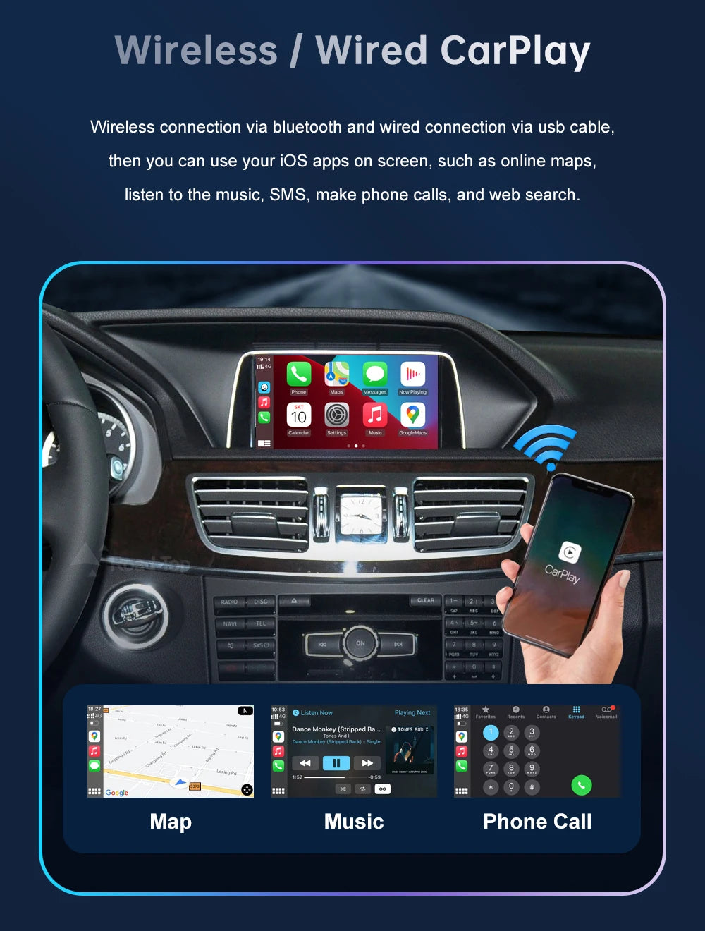 Road Top Wireless CarPlay for Mercedes Benz E-Class W212 E Coupe C207 NTG4.5/4.7/5.0 2011-2015 with Airplay Android Auto