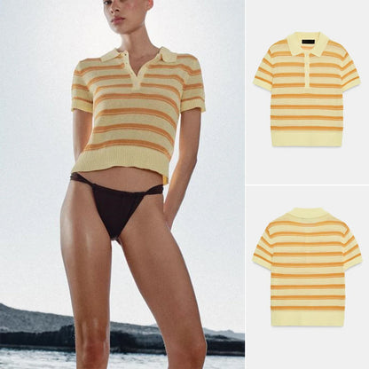 Summer New Women's Casual Style Button Decorated Striped Short Sleeve  Neck Knitted Sweater Loose Fit Classic Pattern Pol...