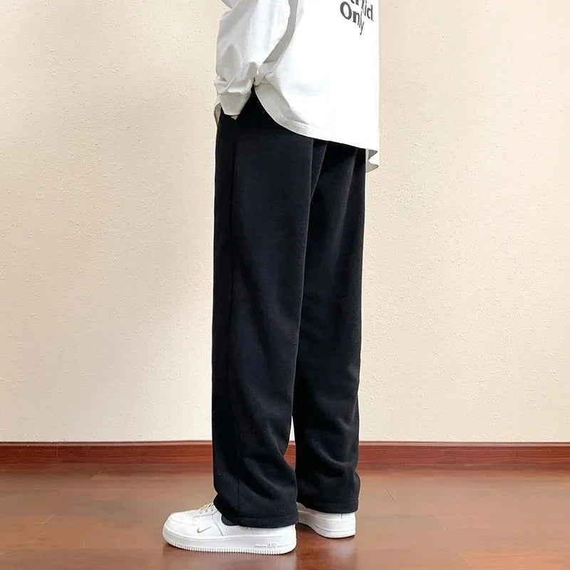 Men's Outdoor Velvet Lining Trousers Winter Jogger Sweatpants Solid Color Baggy Thickened Winter Fleece Loose Sports Warm Pants