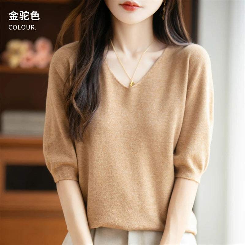 Thin Worsted Wool Short-Sleeved Women's Loose Round Neck T-shirt Printed Summer Fashion Knitted Bottoming Shirt Half-Sleeved
