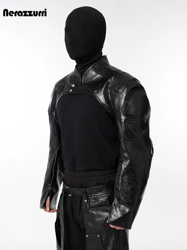 Nerazzurri Spring Autumn Cool Short Black Pu Leather Jacket Men Shoulder Pads Zipper Cropped Menswear Runway European Fashion