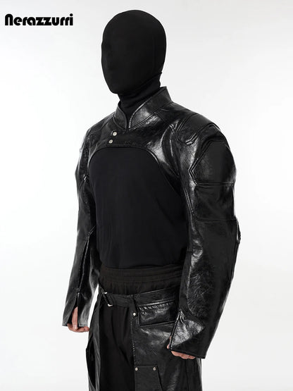 Nerazzurri Spring Autumn Cool Short Black Pu Leather Jacket Men Shoulder Pads Zipper Cropped Menswear Runway European Fashion