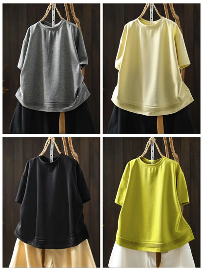 Pink Short-sleeve Women Top 2026 Stylish Summer New Design Pleated Hem Loose T-shirt ZF2158