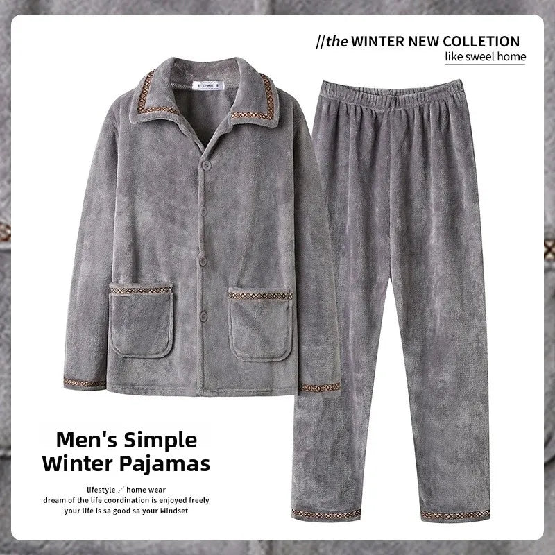 Men's Winter Thickened Fleece Pajamas Coral Velvet Home Clothes Set New Style Long Sleeve Stand Collar Couple's Outfit